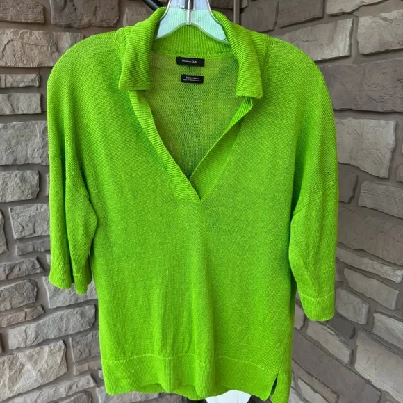 Massimo Dutti Bright Vibrant Green Linen Collared Short Sleeve Top - Picture 1 of 8